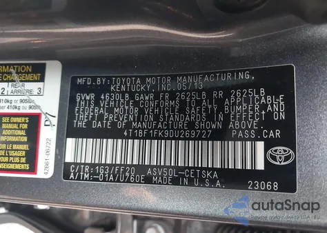 2013 Toyota Camry Se from USA, damaged, VIN 4T1BF1FK9DU269727